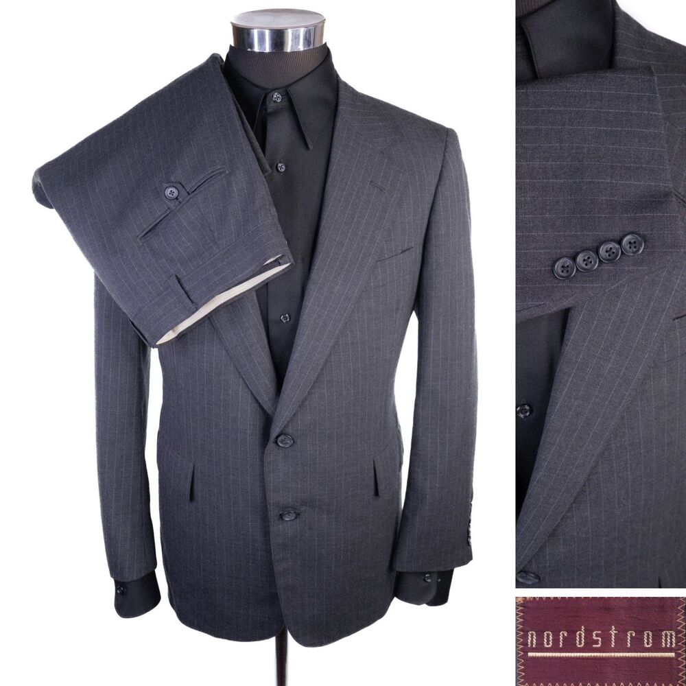 Nordstrom 2-Pcs Striped Gray Suit Two Button Blazer Jacket Sz 40S Pants 34X27.5